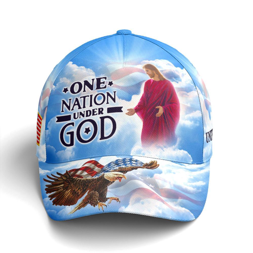 One Nation Under God Baseball Cap For Jesus Lovers Drawing Vector Style Blue, God Cap Trucker Hats Custom Hats Gifts For Men & Women