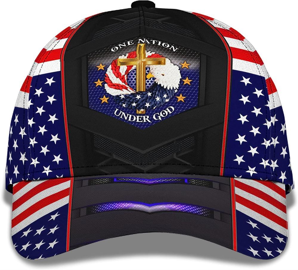 One Nation Under God Cross And American Flag Eagle Wreath Baseball Cap Hat  Trucker Hats Custom Hats Gifts For Men & Women