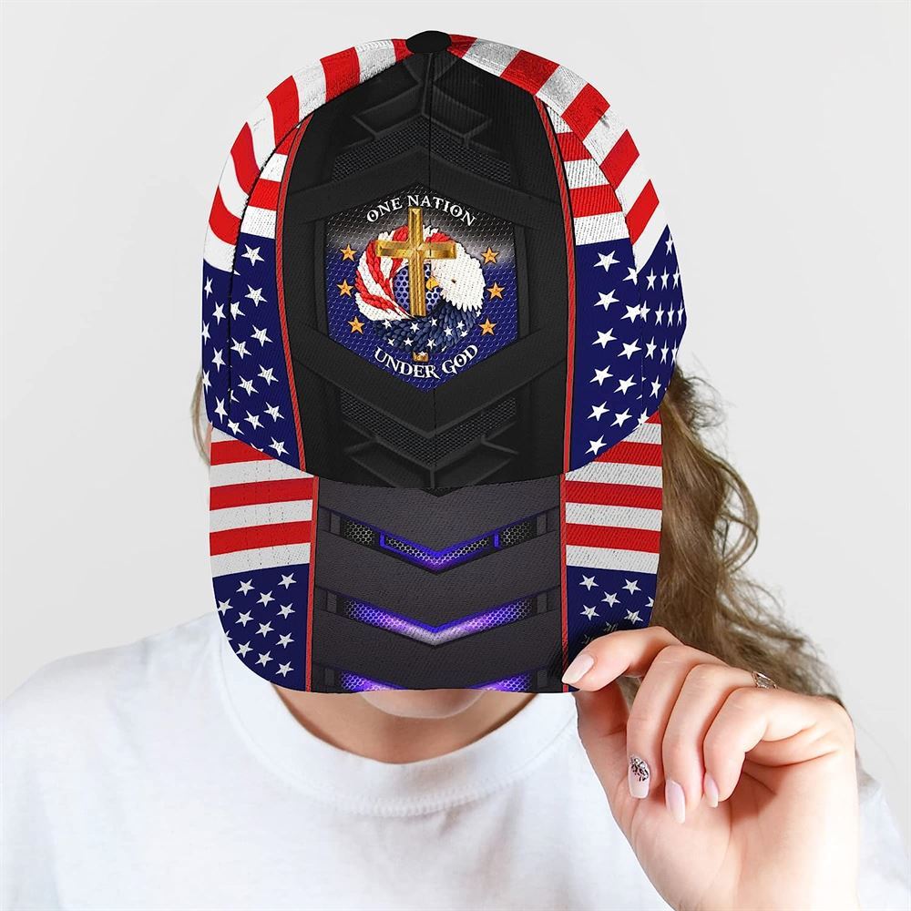One Nation Under God Cross And American Flag Eagle Wreath Baseball Cap Hat  Trucker Hats Custom Hats Gifts For Men & Women