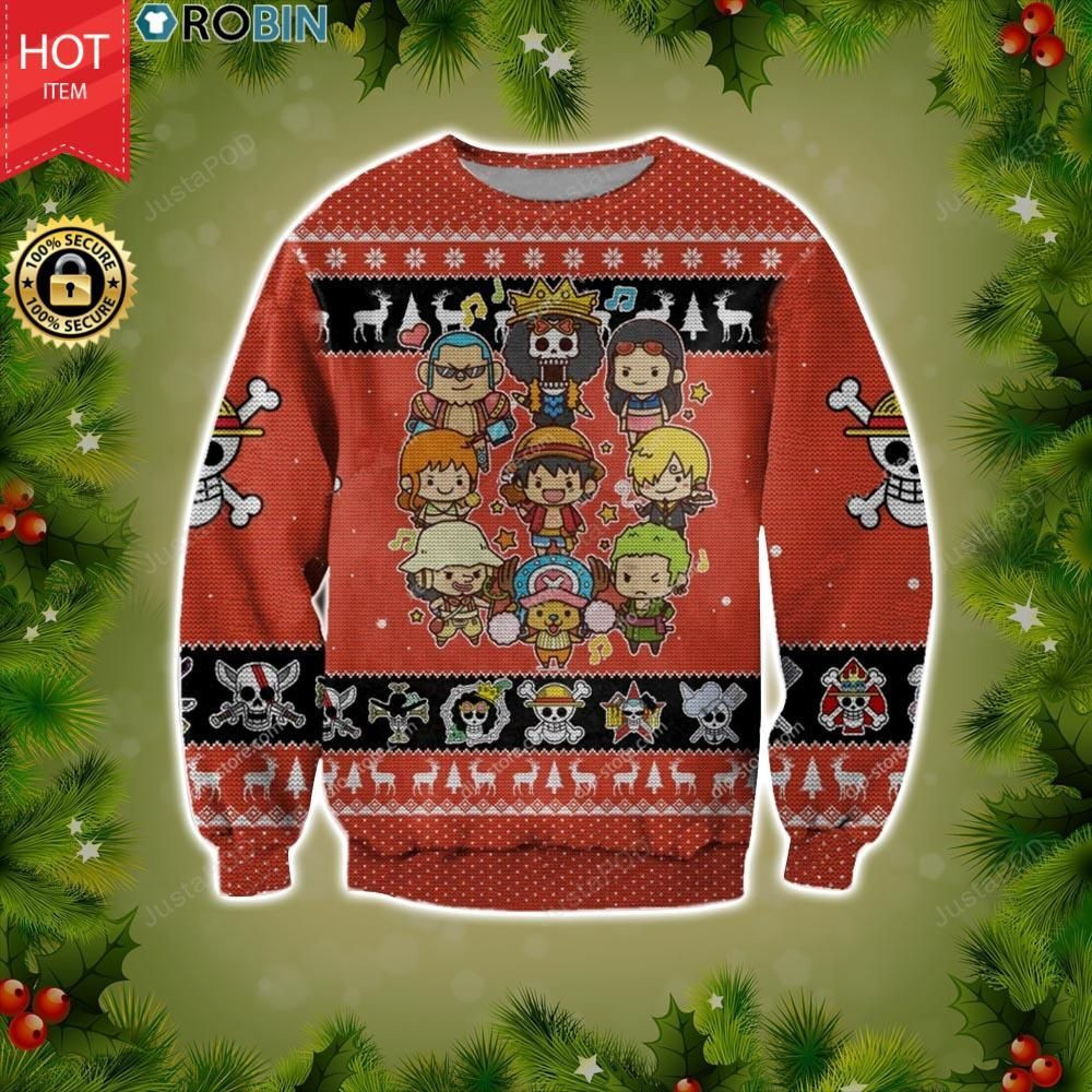 One Piece Straw Hat Crew Members Chibi Ugly Christmas Sweater Adult 3D Funny Matching for family
