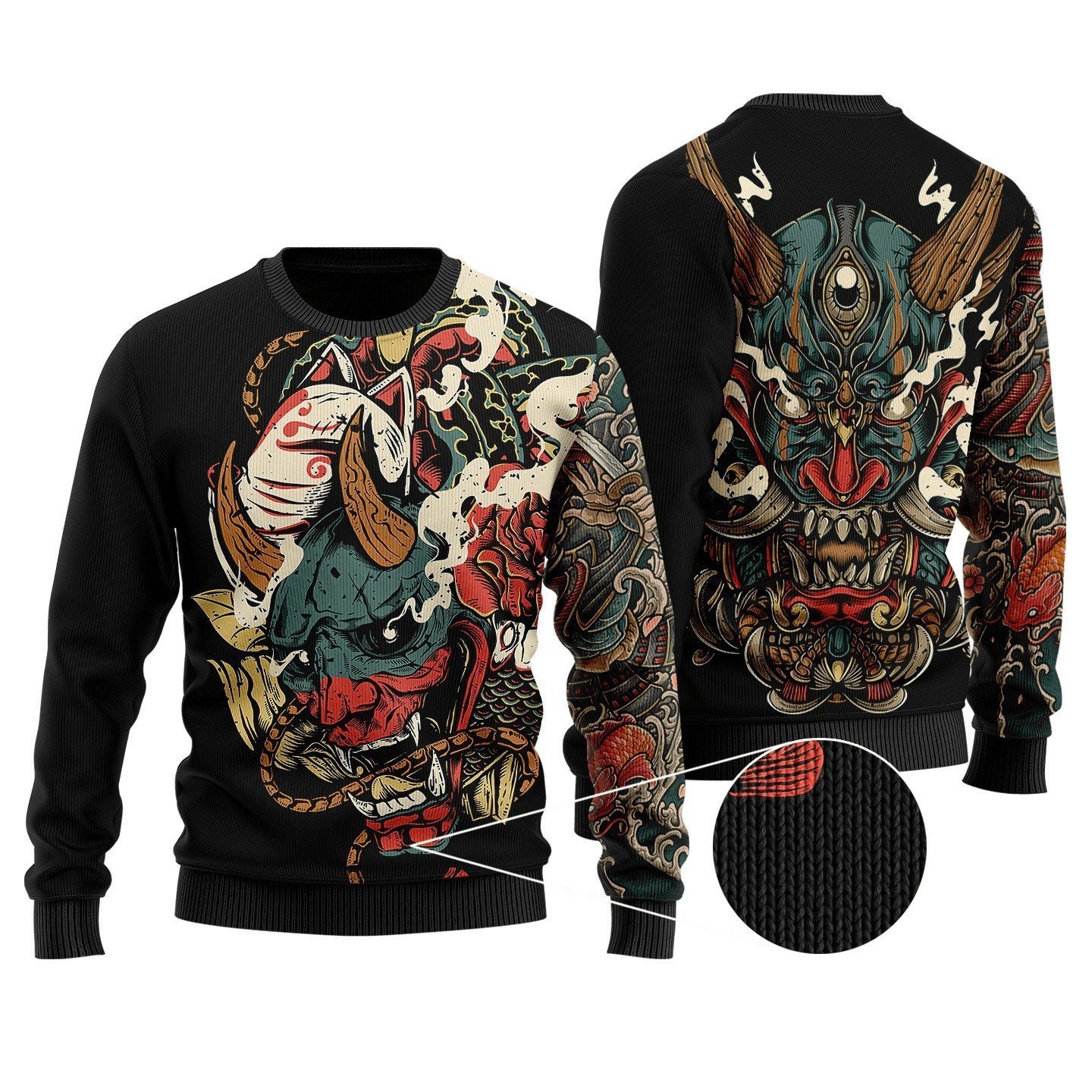 Oni Mask Tattoo Ugly Christmas Sweater Adult 3D Funny Matching for family
