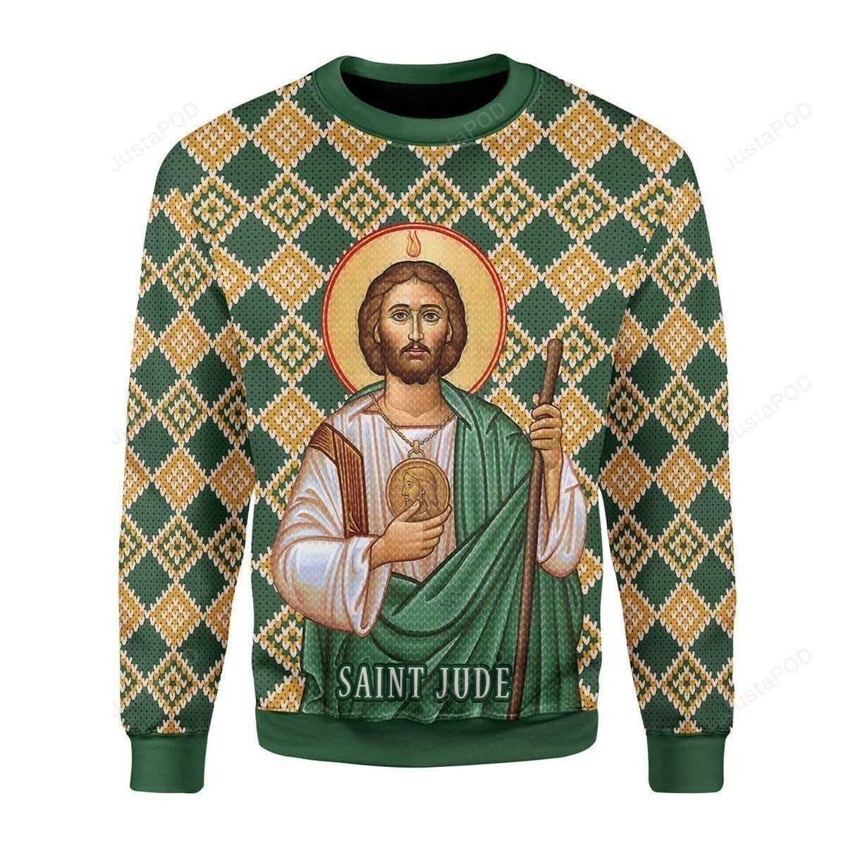 Orange And Green Rhombus Pattern Saint Jude Portrait Of Jesus Christmas For Unisex Ugly Christmas Sweater Adult 3D Funny Matching for family
