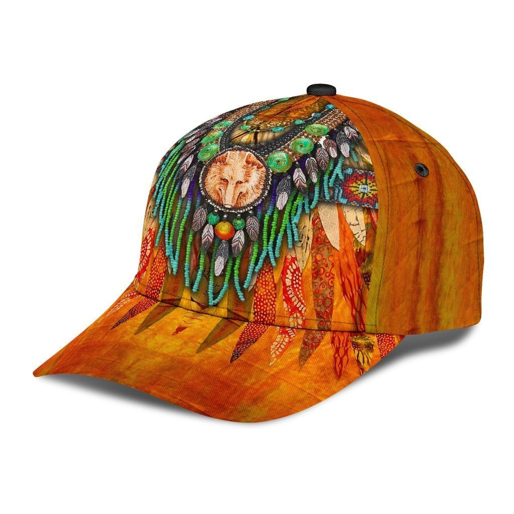 Orange Dream Catcher and Wolf Native American All Over Printed Cap Trucker Hats Custom Hats Gifts For Men & Women