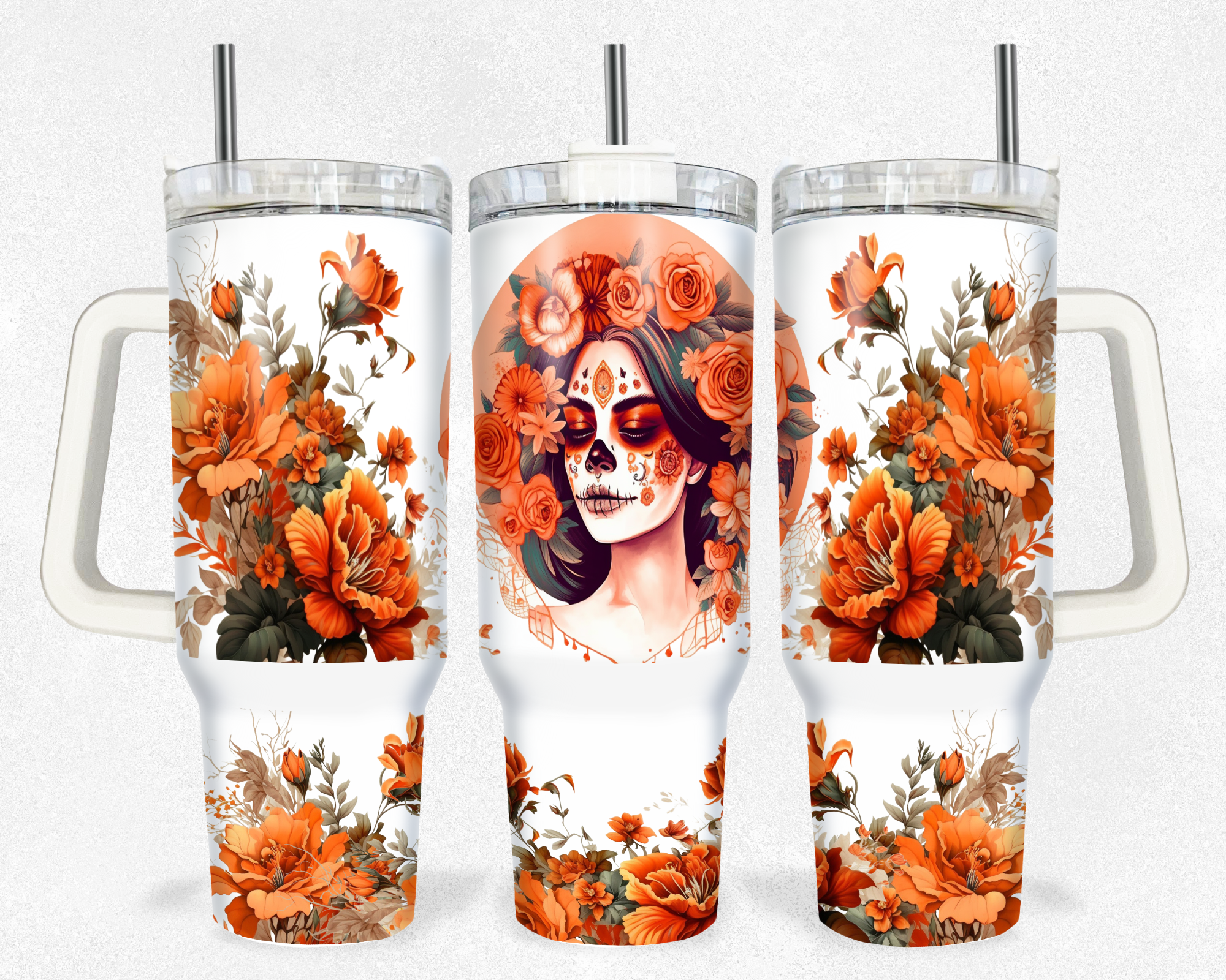 Orange Floral Catrina Day Of The Dead Custom Stanley Cup 40 oz 30 oz Tumbler With HandleTVC2301176