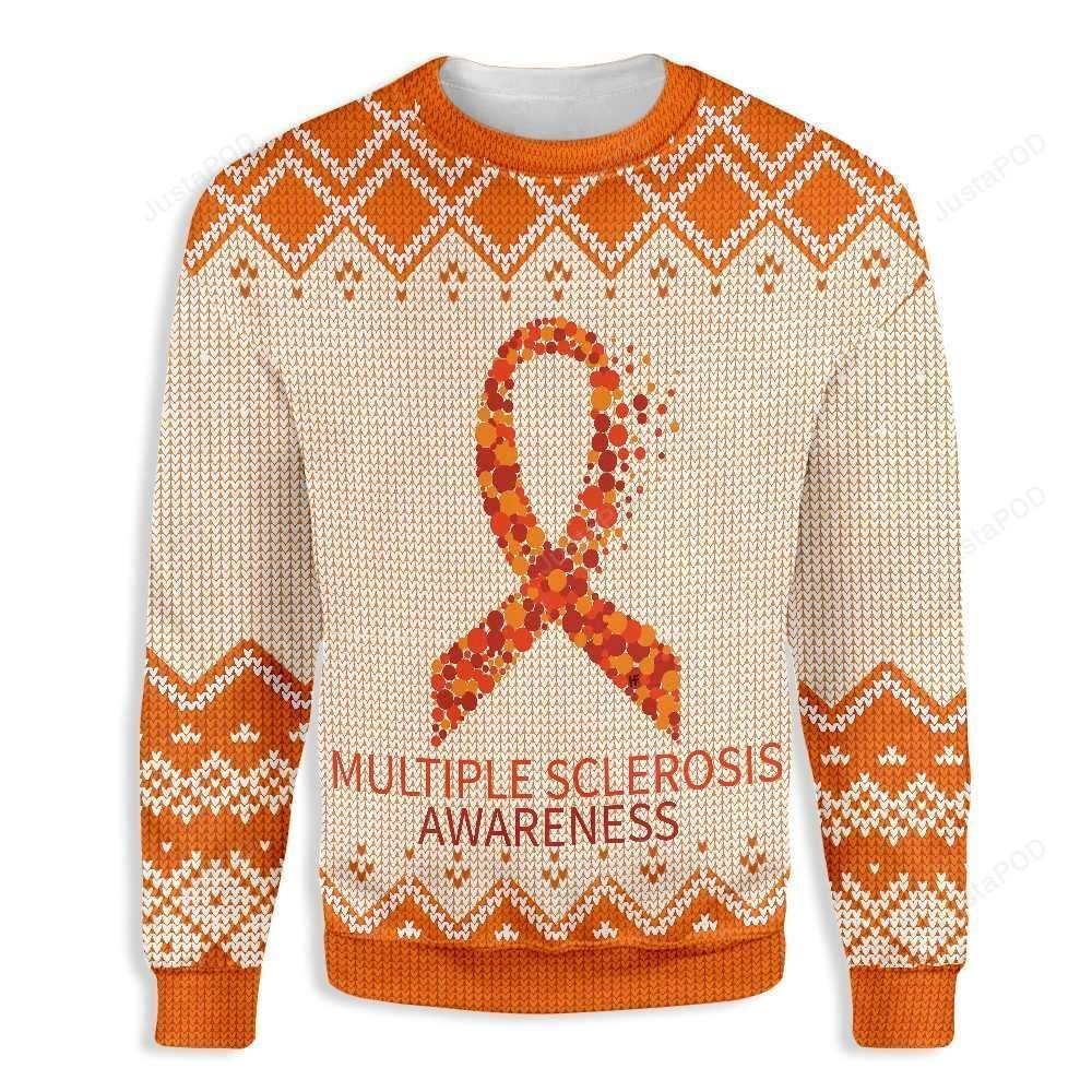 Orange Ribbon Multiple Sclerosis Awareness Ugly Christmas Sweater Adult 3D Funny Matching for family