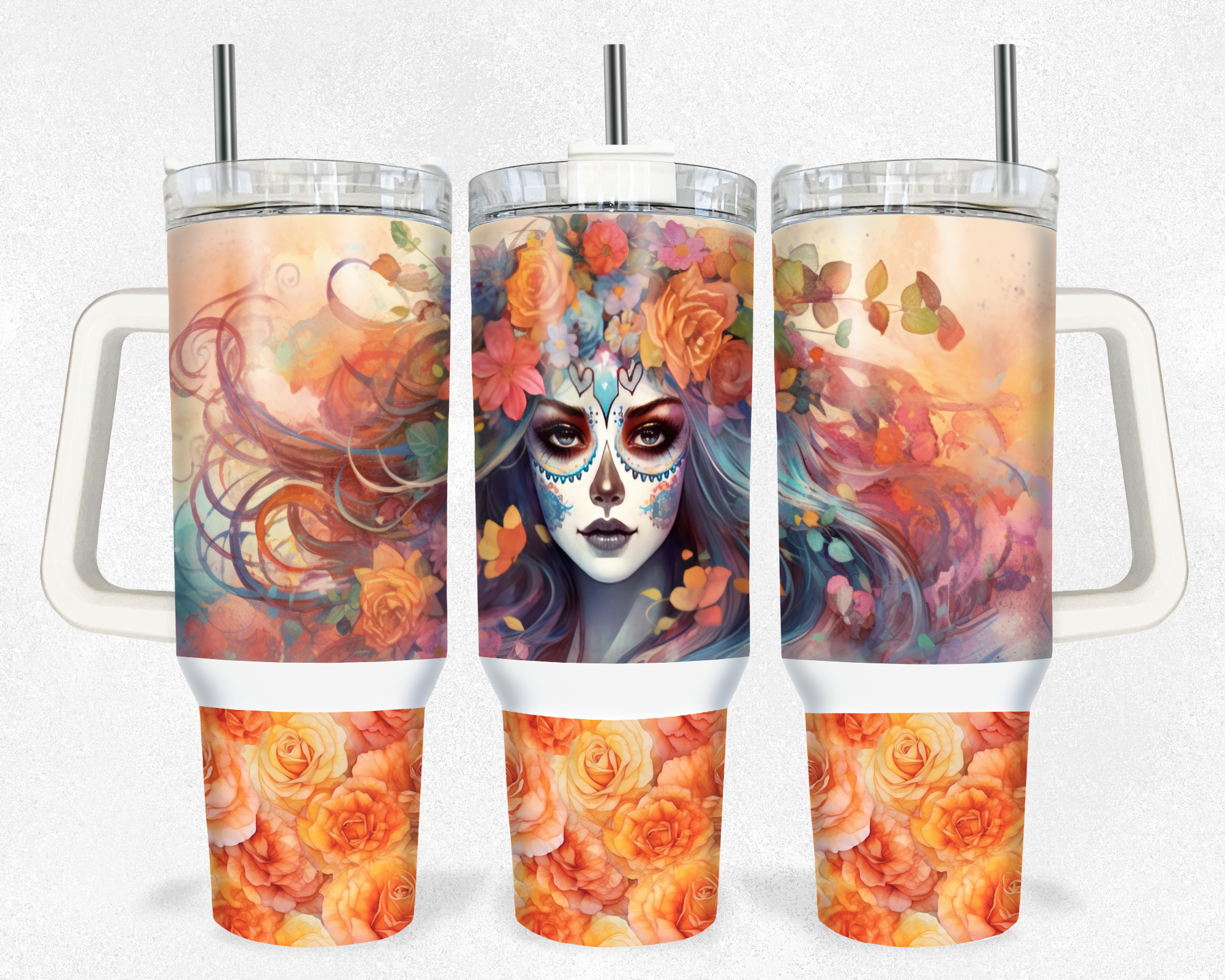 Orange Watercolor Catrina Day Of The Dead Custom Stanley Cup 40 oz 30 oz Tumbler With HandleTVC2301176