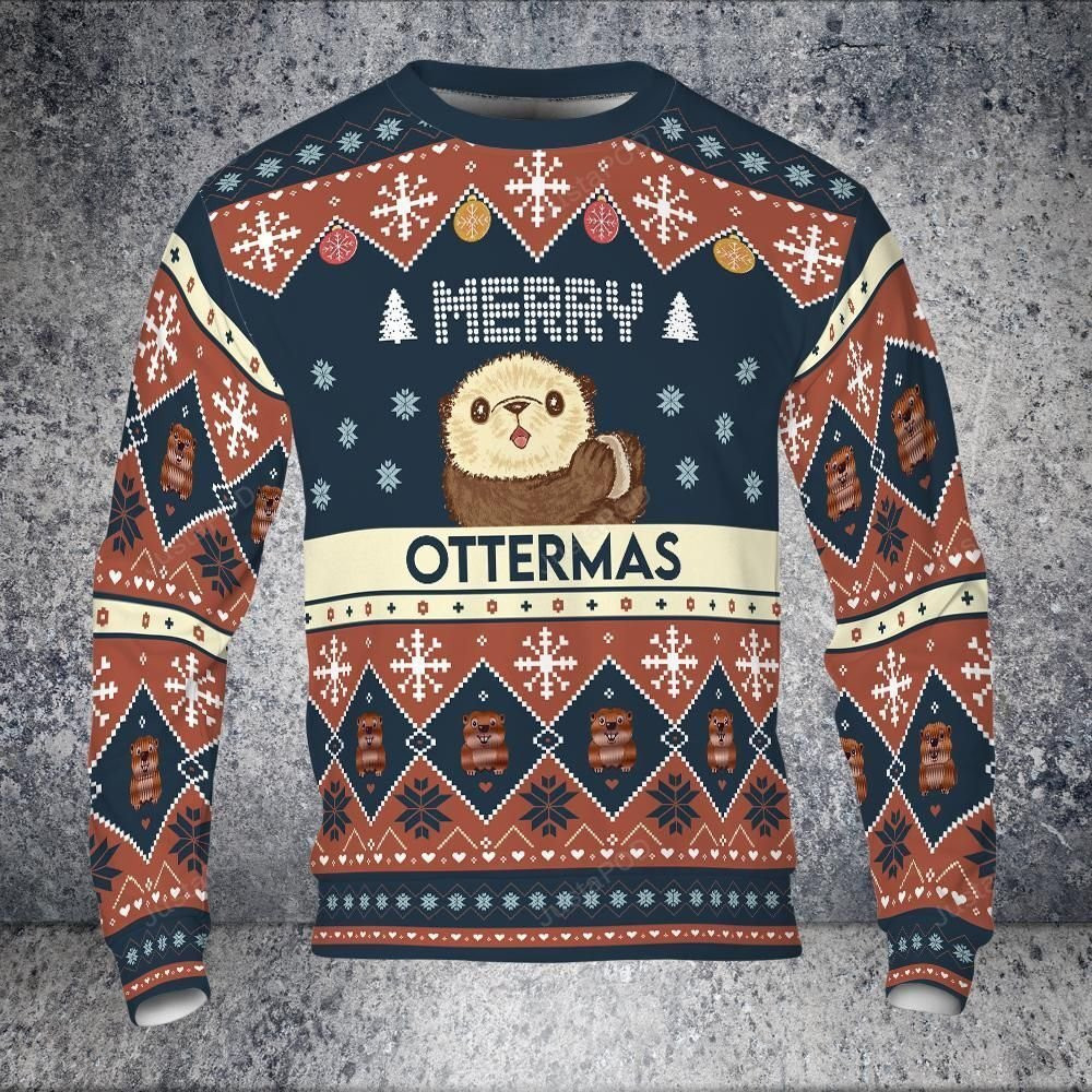 Otter Merry Ottermas Ugly Christmas Sweater Adult 3D Funny Matching for family