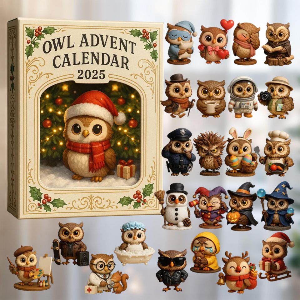 Owl Advent Calendar 2025, 24 Day Owl Christmas Countdown Box, Cute Acrylic Owl Figurines 2D Flat Ornament - Image 2