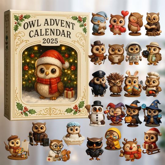 Owl Advent Calendar 2025, 24 Day Owl Christmas Countdown Box, Cute Acrylic Owl Figurines 2D Flat Ornament - Image 4
