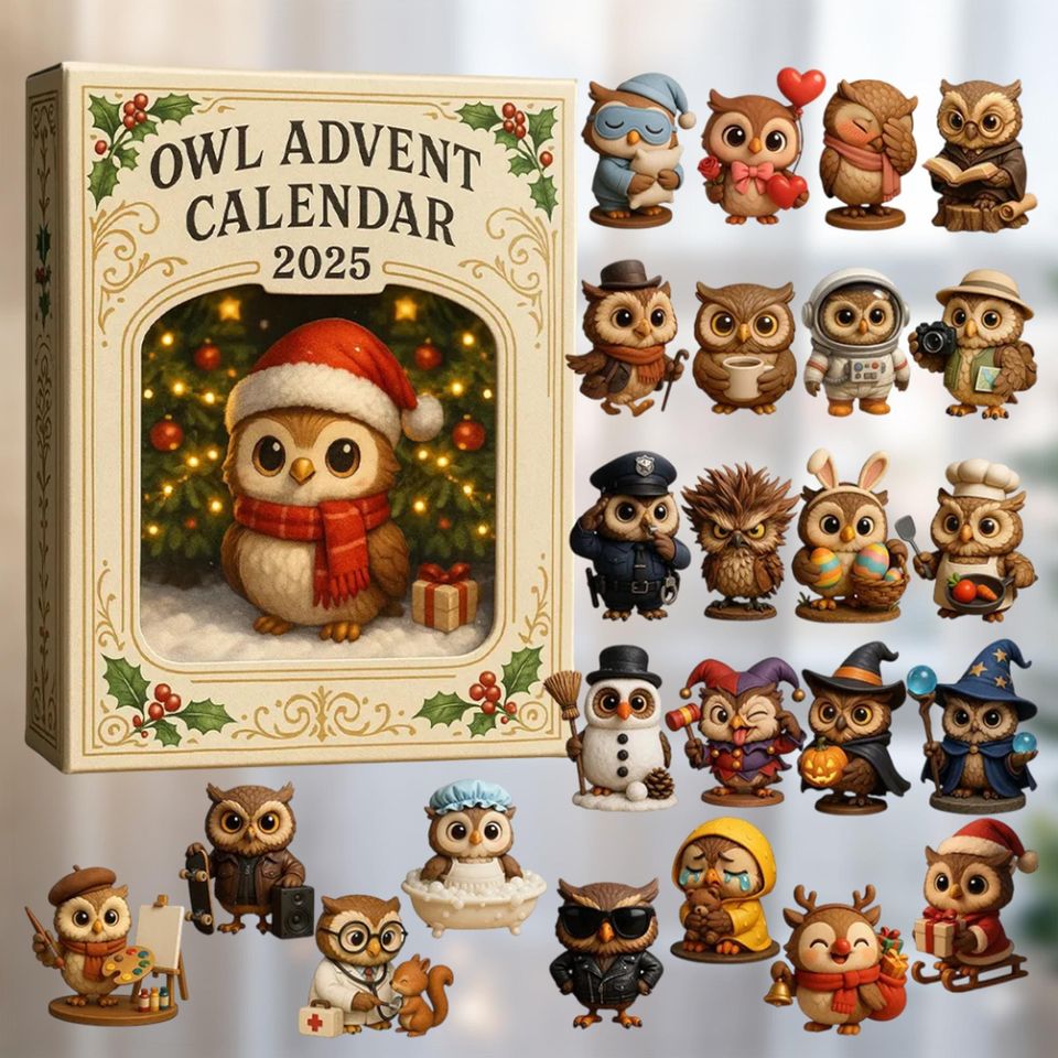 Owl Advent Calendar 2025, 24 Day Owl Christmas Countdown Box, Cute Acrylic Owl Figurines 2D Flat Ornament