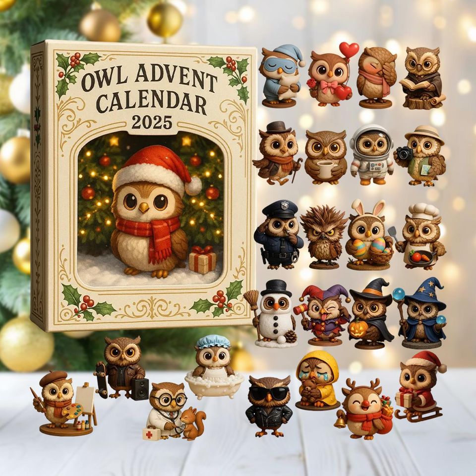 Owl Advent Calendar 2025, 24-Day Woodland Christmas Countdown Box, Cute Acrylic Owl Figurines