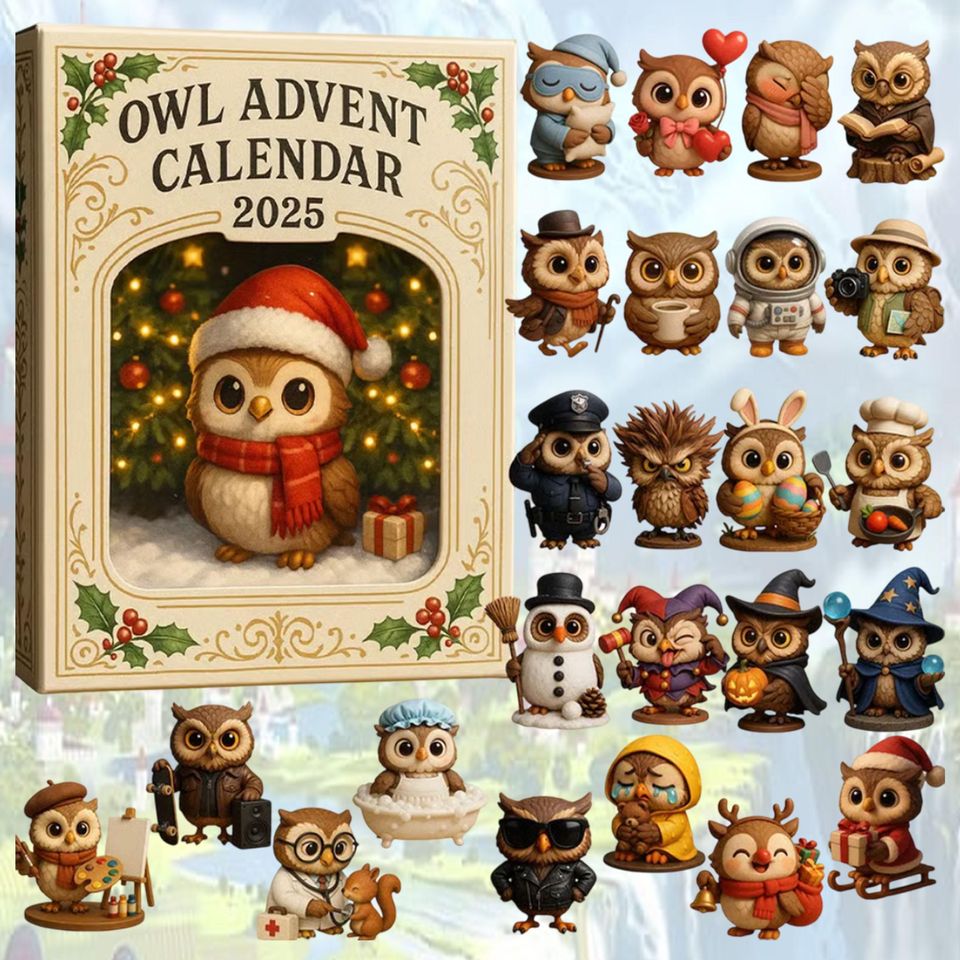 Owl Advent Calendar 2025 - 24 Days Christmas Countdown Calendar with 24 Mini Owl Ornaments, 2D Acrylic Owls Decor, Gift for Bird Lovers