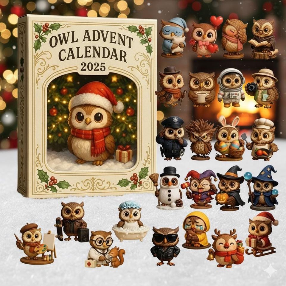 Owl Advent Calendar 2025 Acrylic Christmas Ornament Set, 24 Cute Woodland Owl Figures