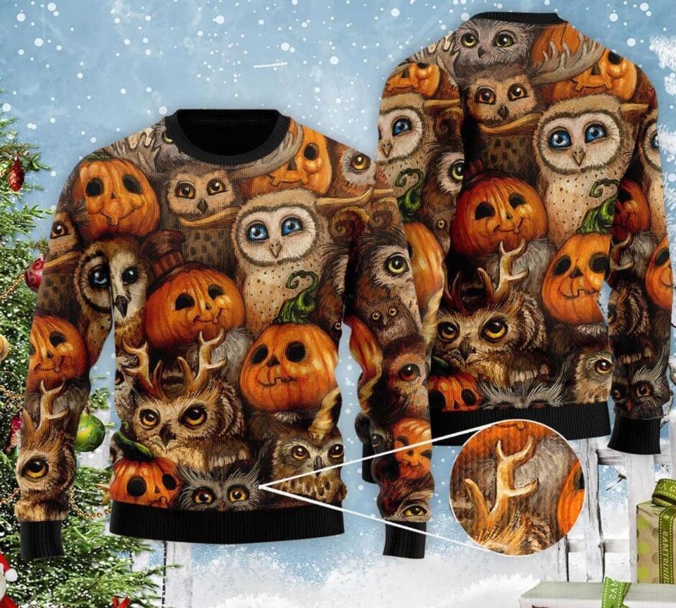 Owl And Pumpkin Halloween Christmas Gift Ugly Christmas Sweater
