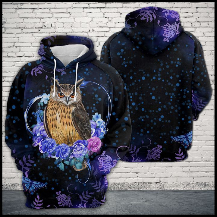 Owl Purple Heart Flower 3D All Over Print Hoodie, Zip Hoodie