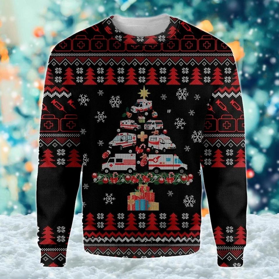 Paramedic Ambulance Ugly Christmas Sweater, Ambulance Christmas Tree - Image 3