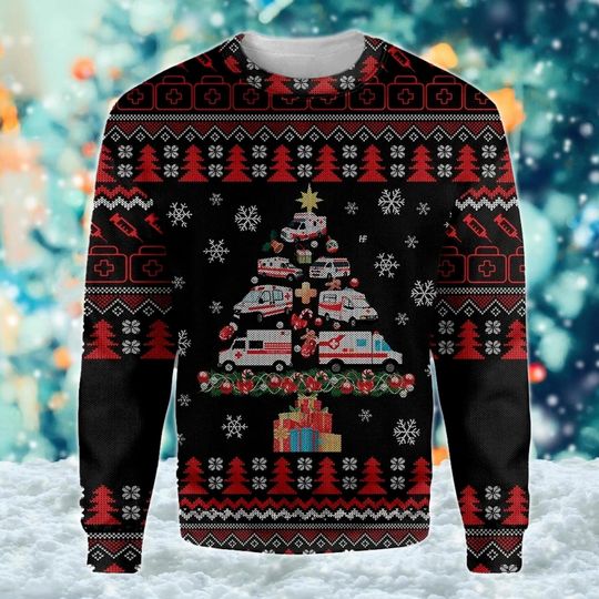 Paramedic Ambulance Ugly Christmas Sweater, Ambulance Christmas Tree - Image 9