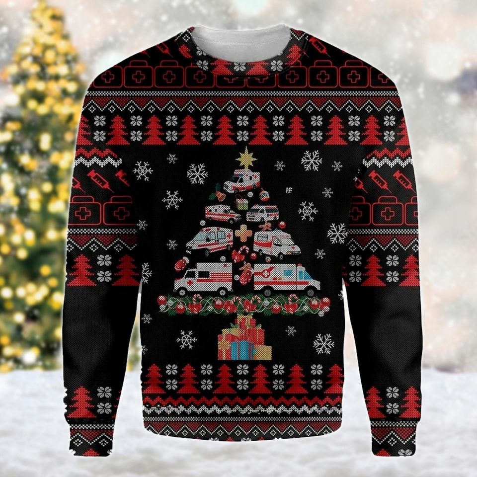 Paramedic Ambulance Ugly Christmas Sweater, Ambulance Christmas Tree - Image 2