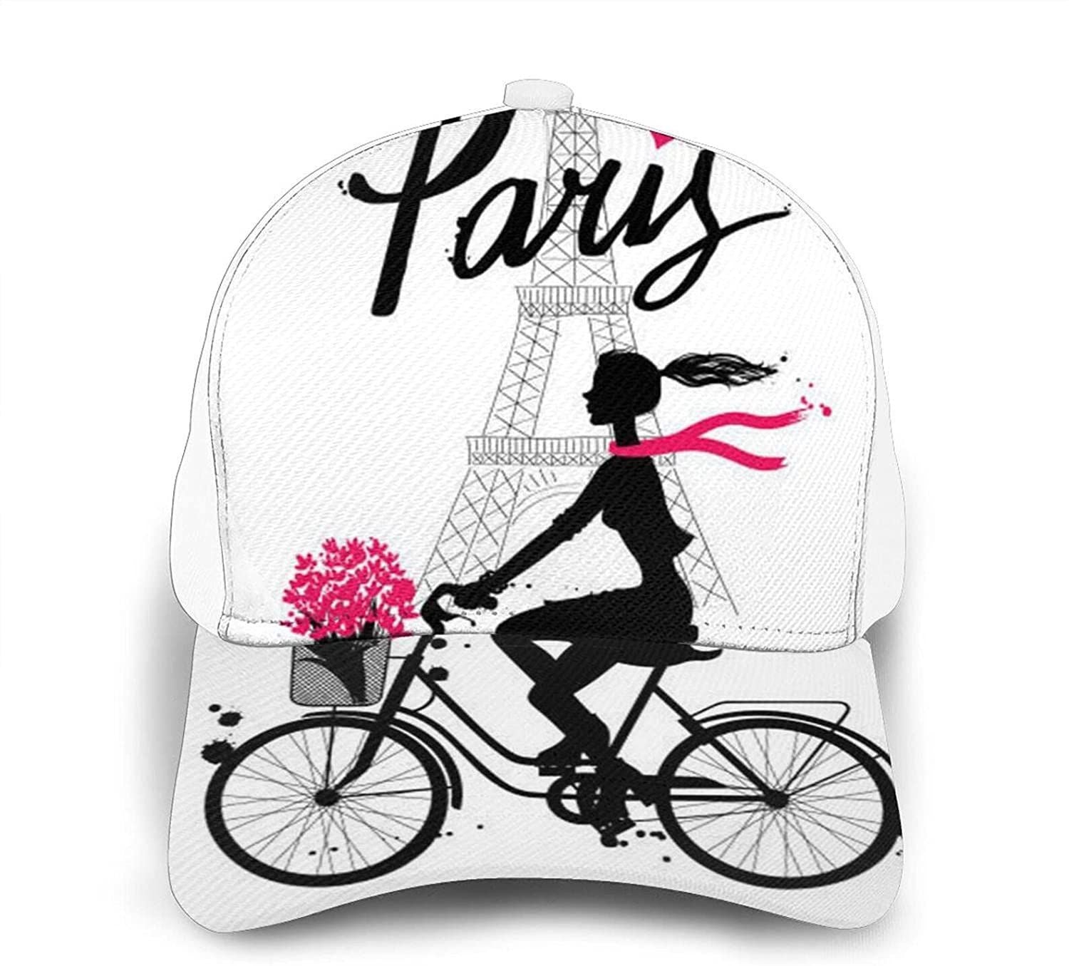 Paris Eiffel Tower Girl Bicycle Print Classic Baseball 3D Cap Adjustable Twill Sports Dad Hats for Unisex Trucker Hats Custom Hats Gifts For Men & Women