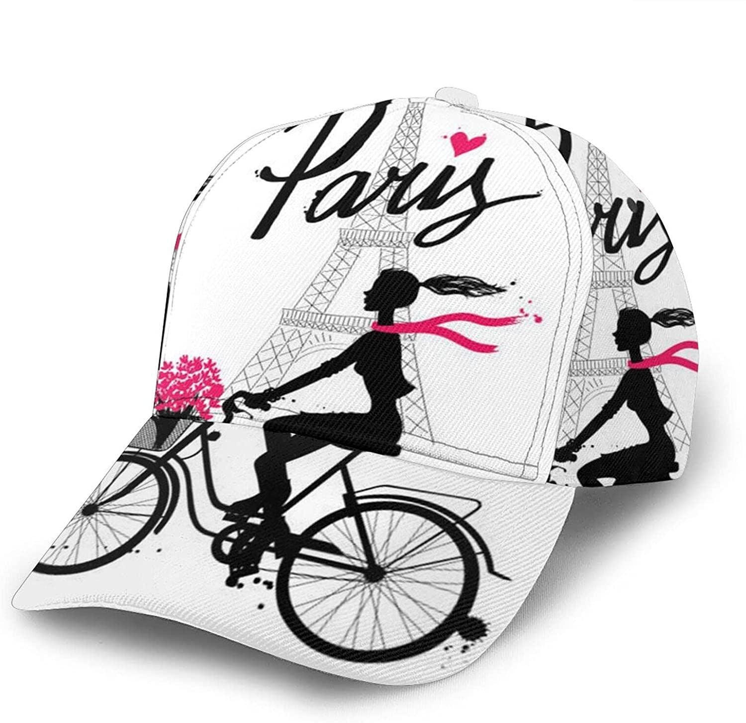 Paris Eiffel Tower Girl Bicycle Print Classic Baseball 3D Cap Adjustable Twill Sports Dad Hats for Unisex Trucker Hats Custom Hats Gifts For Men & Women