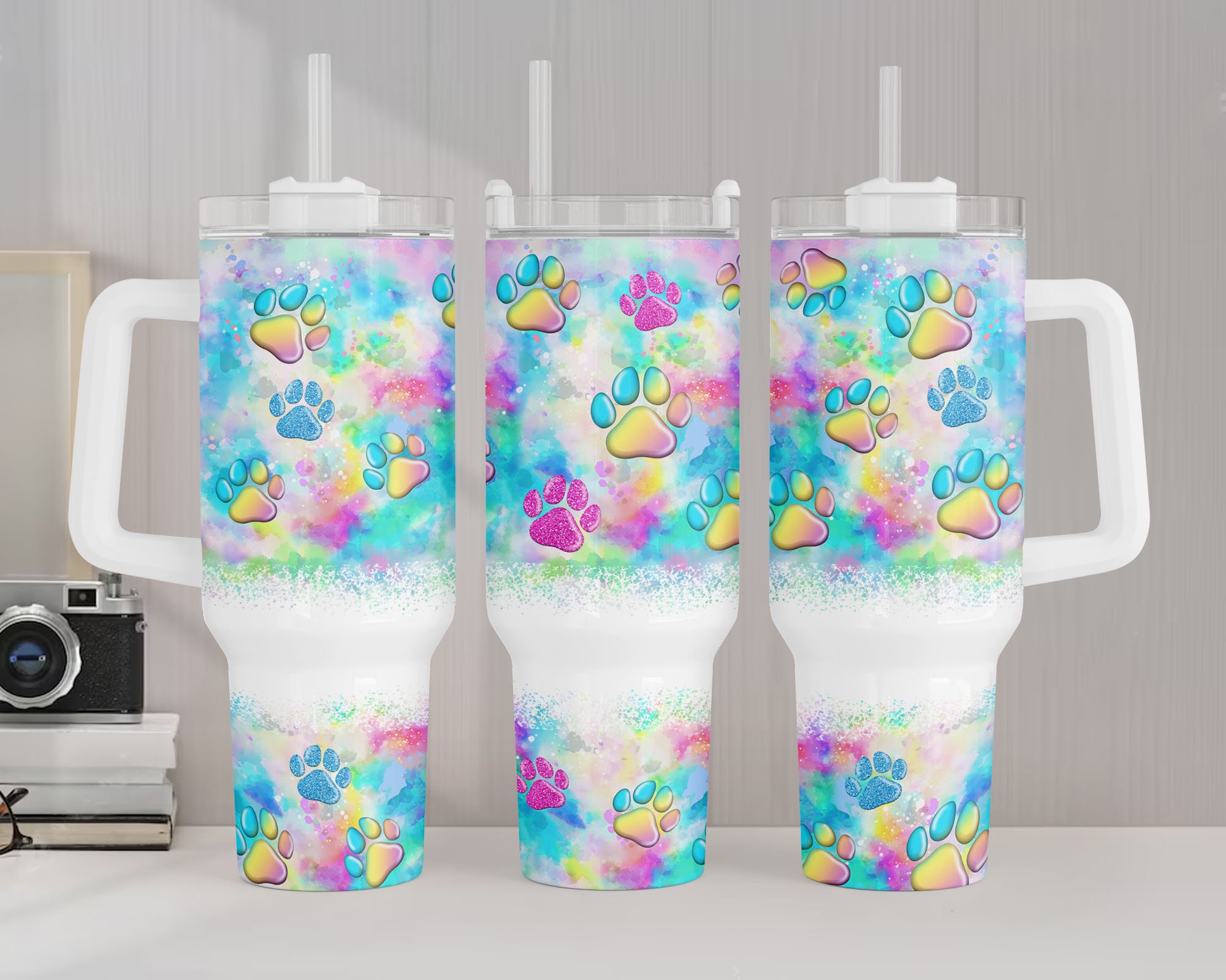 Pastel Tie Dye Pattern Colorful Paw Prints Custom Stanley Cup 40 oz 30 oz Tumbler With HandleTVC2301958