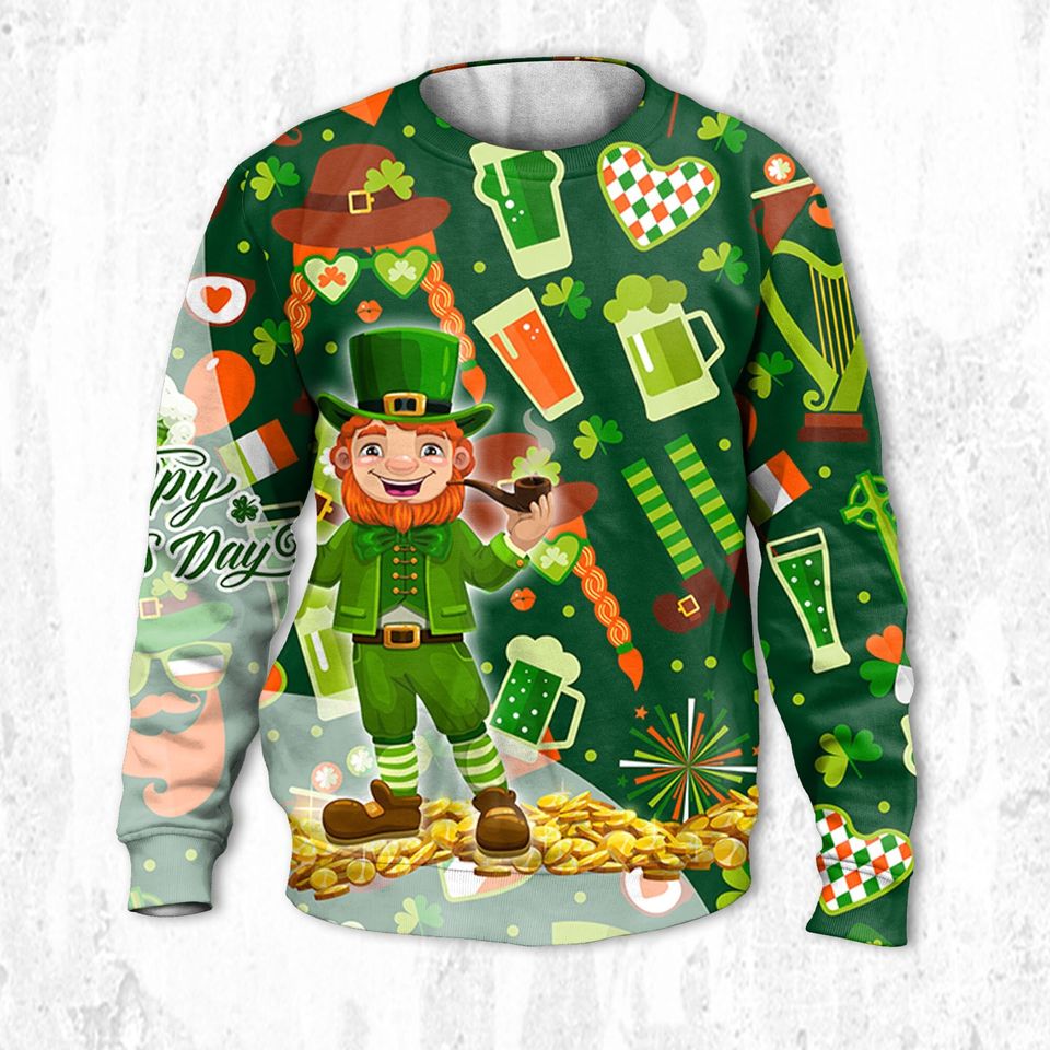 Patrick Pattern Sweatshirt, Distressed Custom Irish T-shirt 3D ,Vintage Shamrock Gr 3D Shirt - Image 2