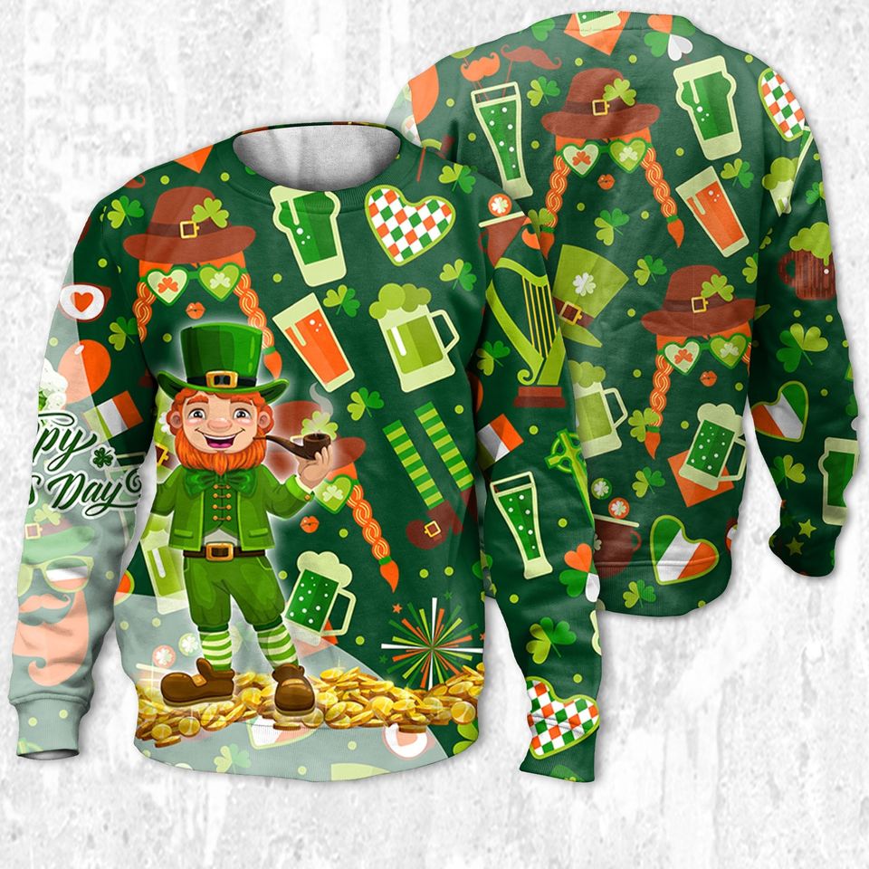 Patrick Pattern Sweatshirt, Distressed Custom Irish T-shirt 3D ,Vintage Shamrock Gr 3D Shirt