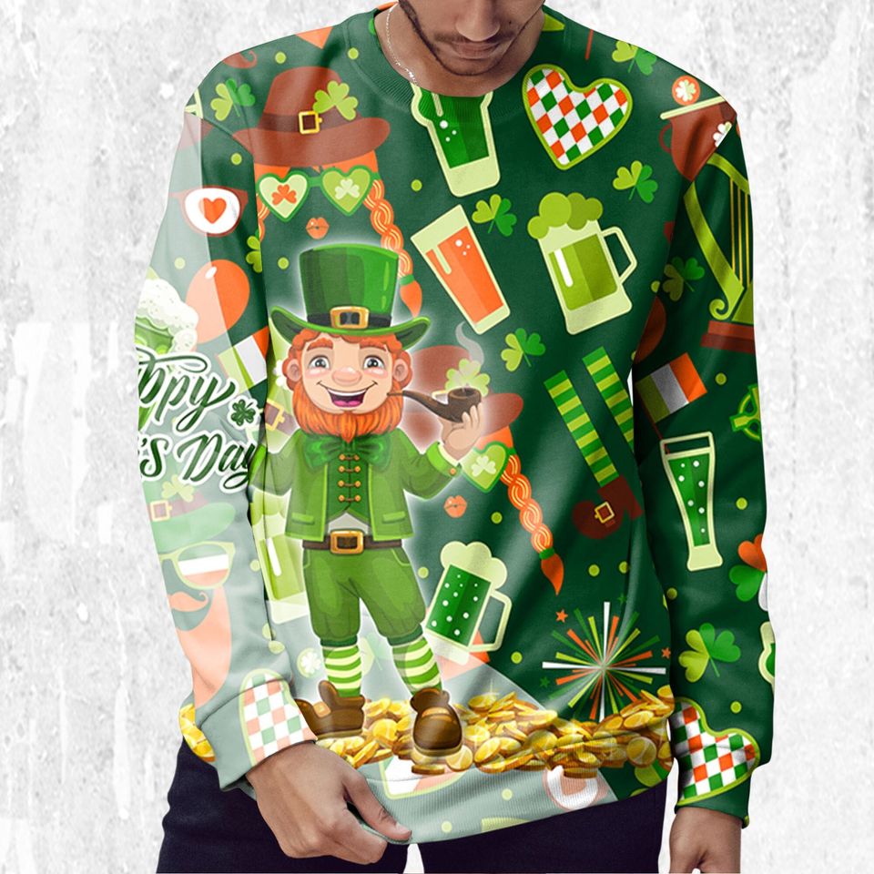 Patrick Pattern Sweatshirt, Distressed Custom Irish T-shirt 3D ,Vintage Shamrock Gr 3D Shirt - Image 4