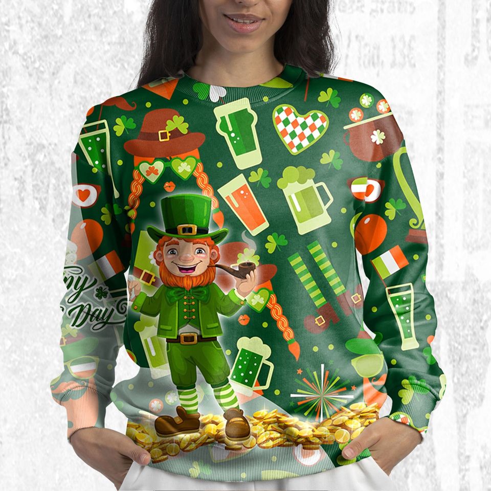 Patrick Pattern Sweatshirt, Distressed Custom Irish T-shirt 3D ,Vintage Shamrock Gr 3D Shirt - Image 5