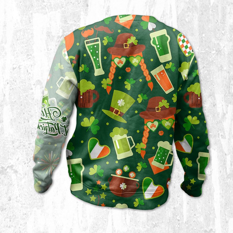 Patrick Pattern Sweatshirt, Distressed Custom Irish T-shirt 3D ,Vintage Shamrock Gr 3D Shirt - Image 3