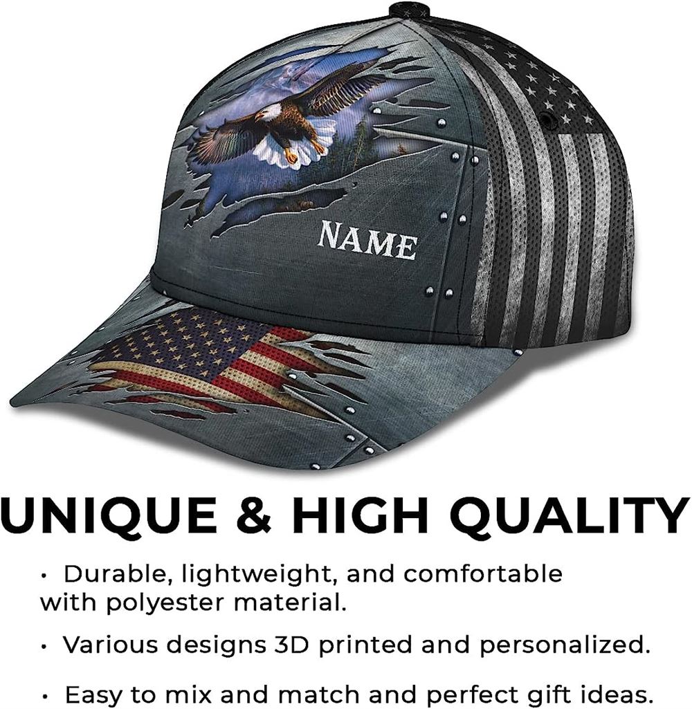 Patriotic Bald Eagle With Us Flag Custom Name Baseball Cap, Christian, Jesus Hat Trucker Hats Custom Hats Gifts For Men & Women