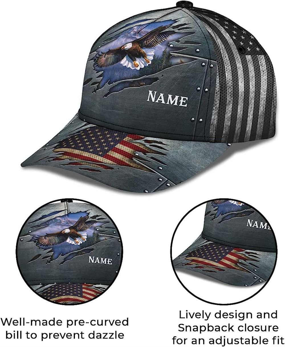 Patriotic Bald Eagle With Us Flag Custom Name Baseball Cap, Christian, Jesus Hat Trucker Hats Custom Hats Gifts For Men & Women