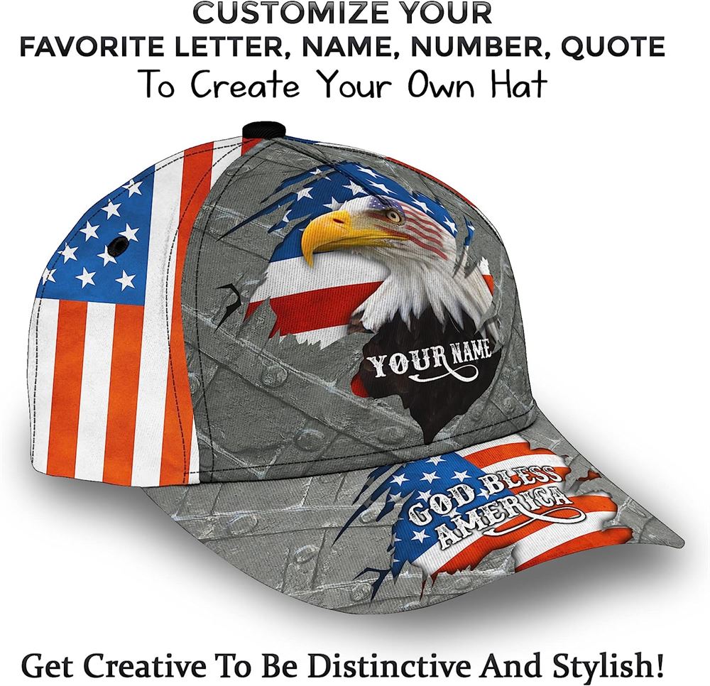 Patriotic God Blessed America Eagle American Flag Custom Name Baseball Cap, Christian, Jesus Hat Trucker Hats Custom Hats Gifts For Men & Women