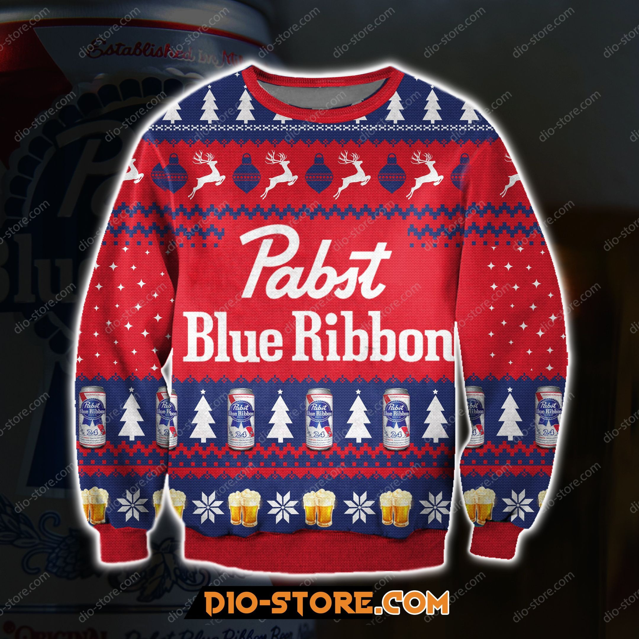 Pattern Pabst Blue Ribbon Beer Ugly Christmas Sweater Adult 3D Funny Matching for family