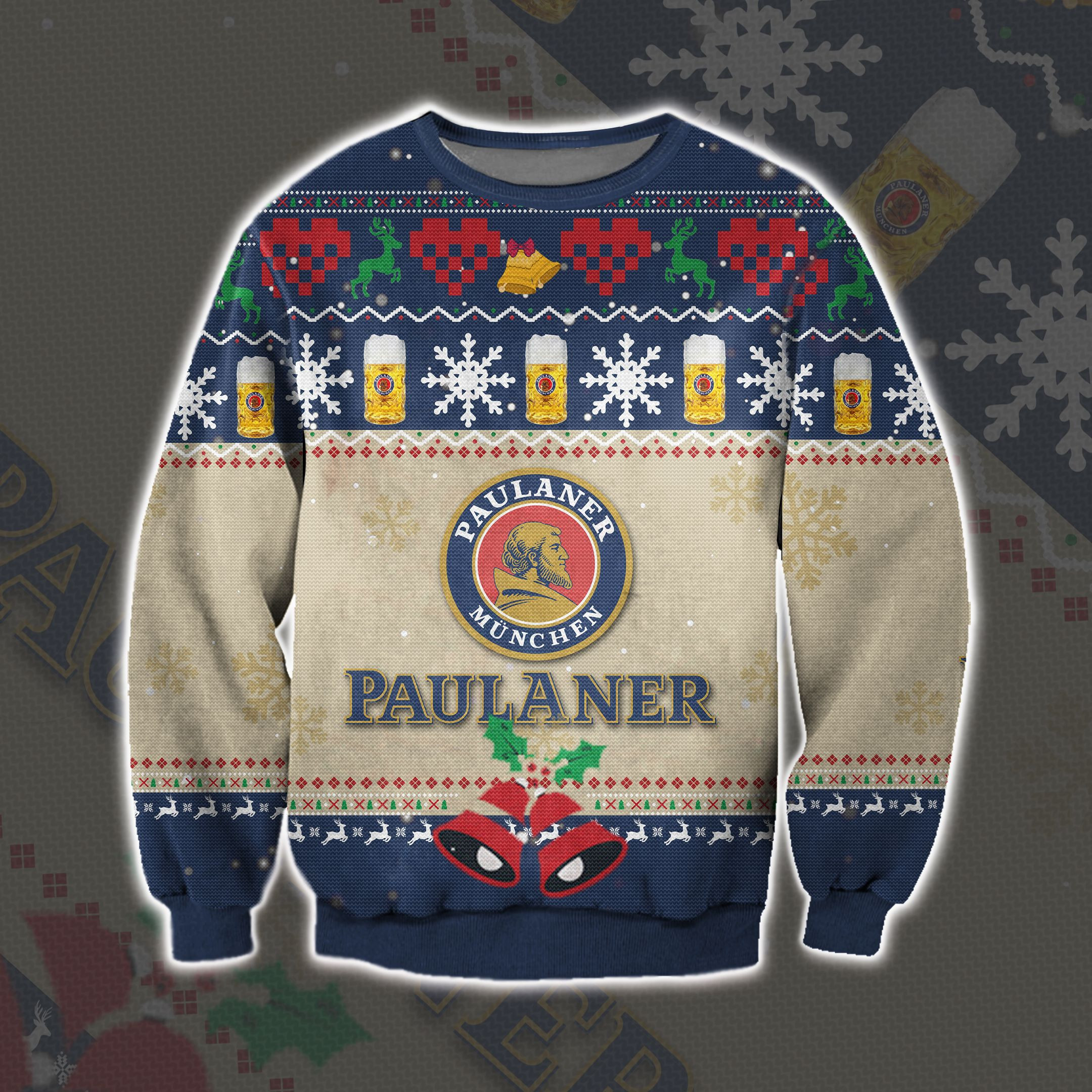 Paulaner Munchen Beer Knitting Pattern 3D Print Ugly Christmas Sweater Adult 3D Funny Matching for family