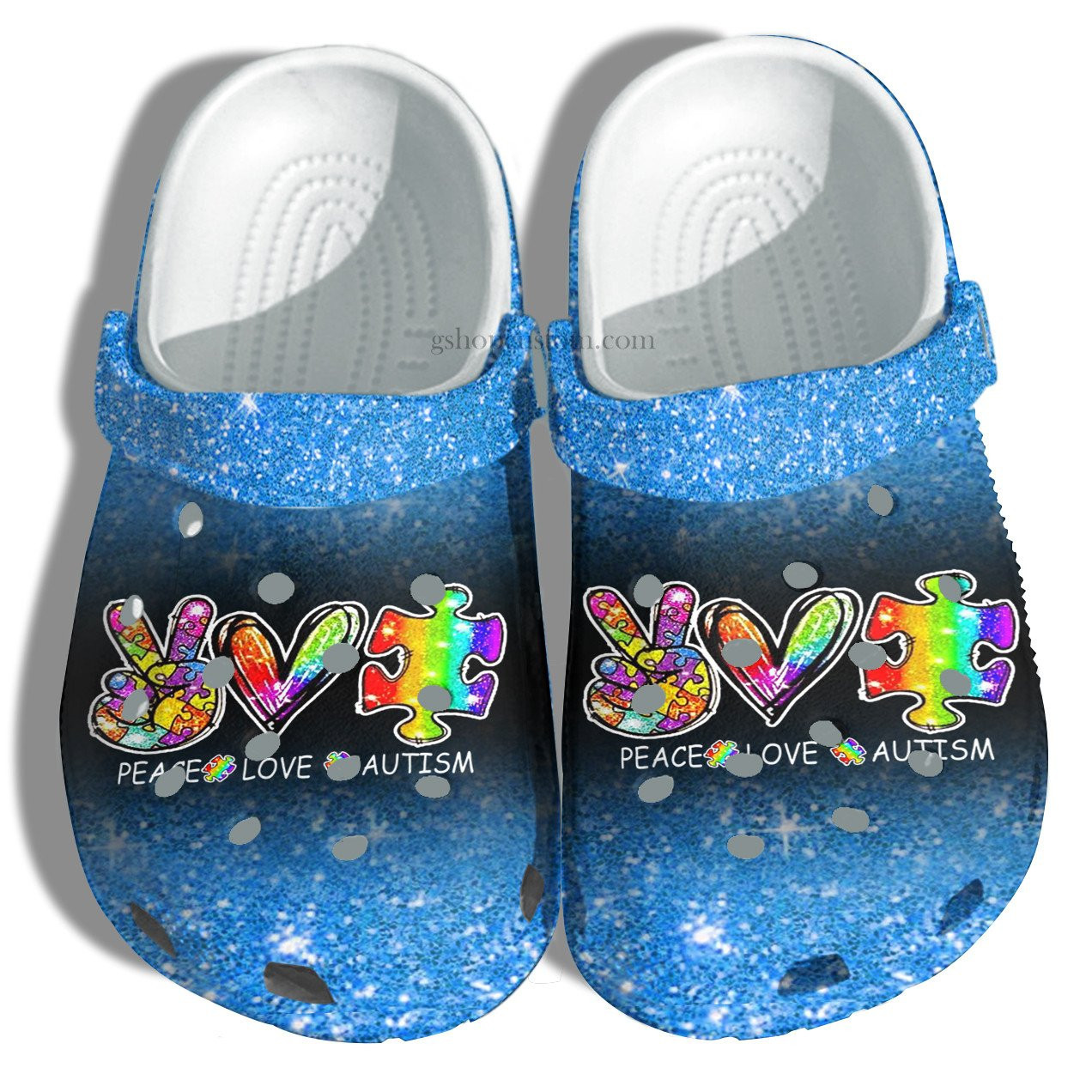 Peace Love Autism Blue Twinkle Shoes - Rainbow Puzzel Love Shoes Croc Clogs Gift