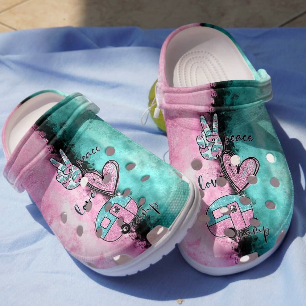Peace Love Camping Shoes - Hand Heart Bus clogs