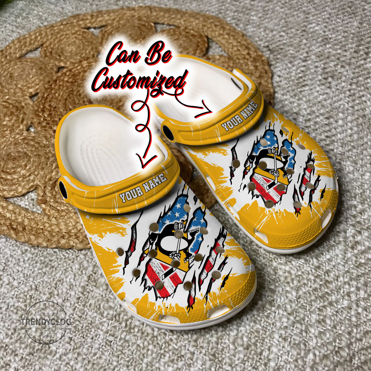 Penguins Personalized PPenguins Hockey Ripped American Flag Clog Shoes