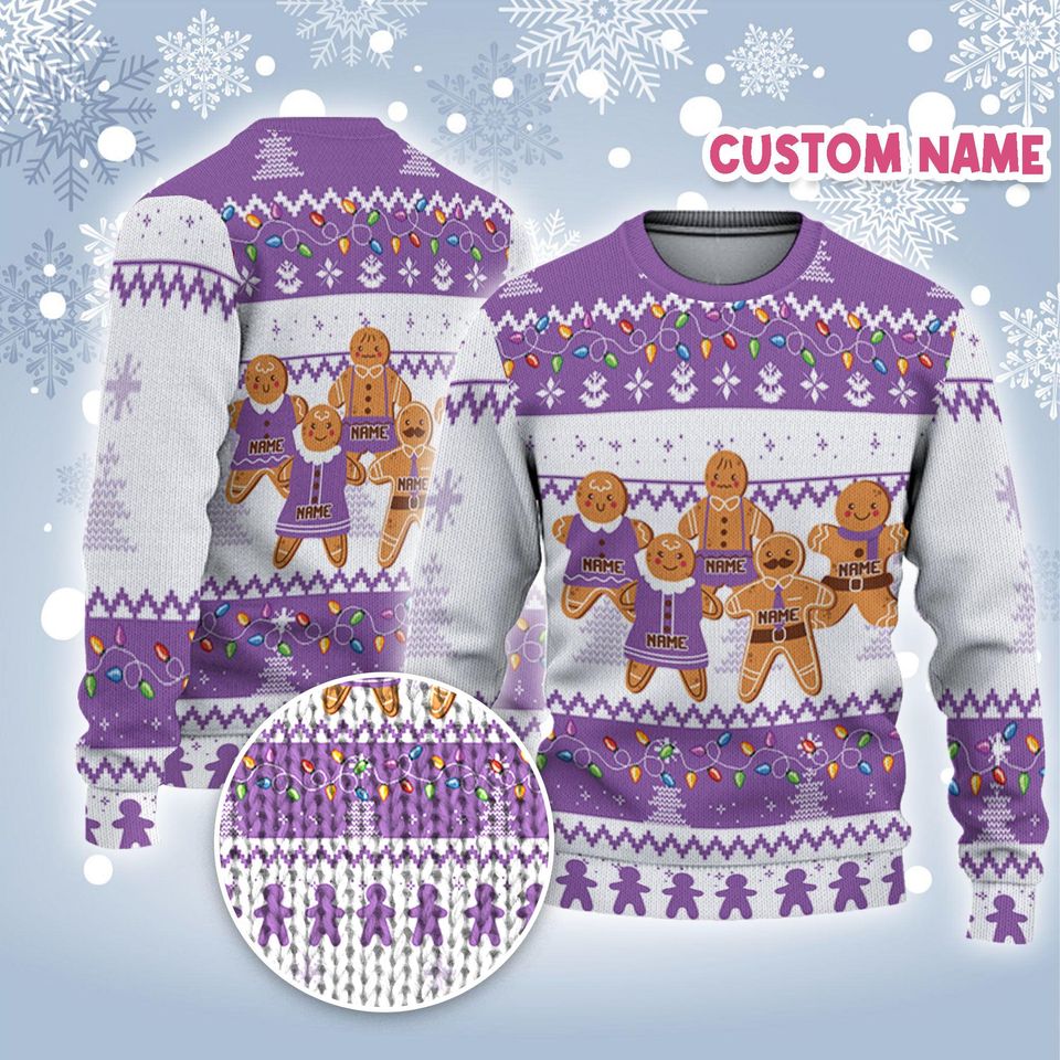 Personalize Gingerbread Christmas Navy Purple CA39, Custom Name Family Ugly Sweater