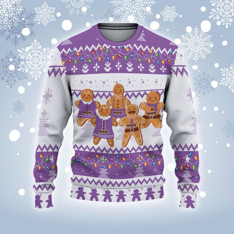 Personalize Gingerbread Christmas Navy Purple CA39, Custom Name Family Ugly Sweater - Image 3
