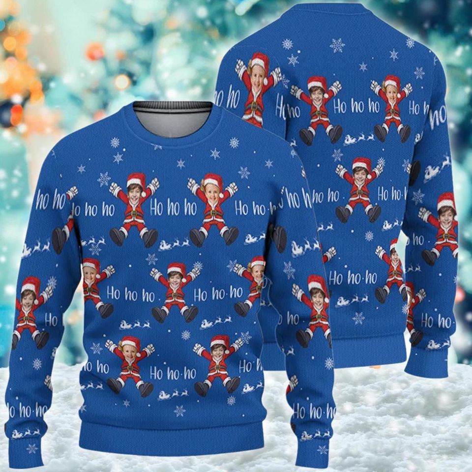 Personalize Photo Santa Claus Blue Ugly Sweater, Custom Photo