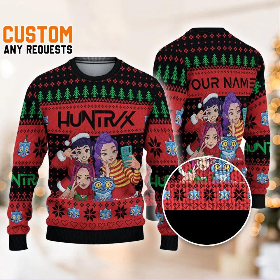 Personalize Ugly Chrsitmas Demon Hunters Huntr/x, Custom Xmas Sweater Kpop, Saja Boys Sweatshirt, Christmas Kpop Costume Sweater