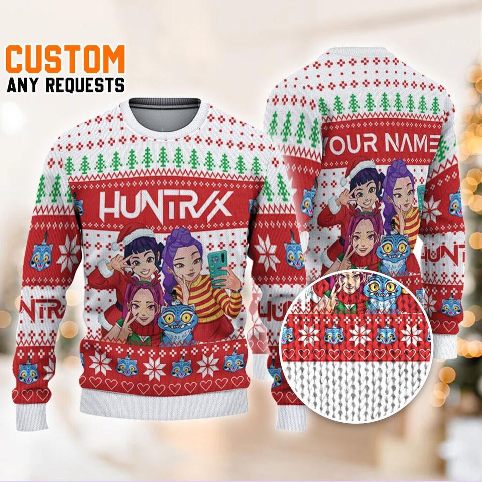Personalize Ugly Chrsitmas Demon Hunters Huntr/x, Custom Xmas Sweater Kpop, Saja Boys Sweatshirt, Christmas Kpop Costume Sweater