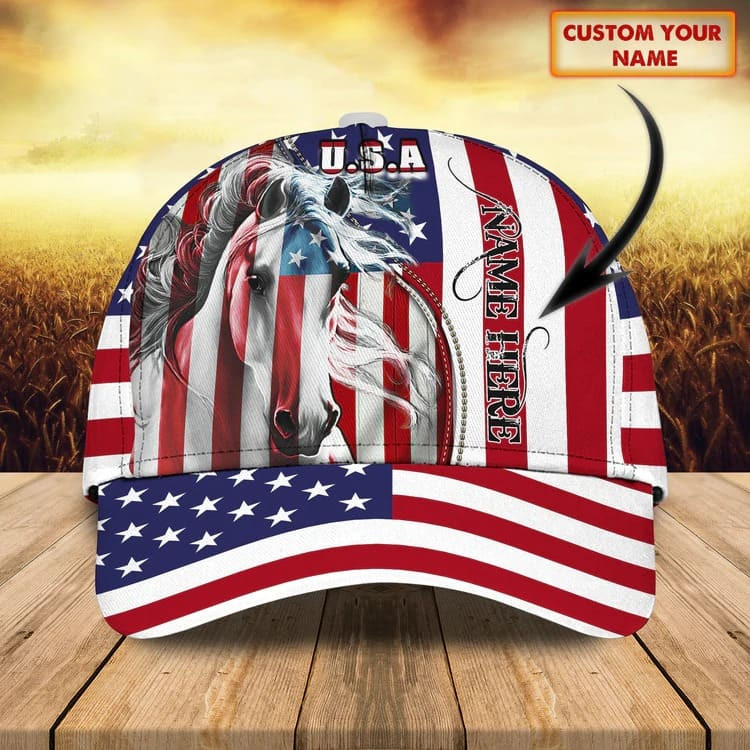 Personalized 4th of July Horse Cap for Him, American Flag Jean Pattern Horse Hat for Her Trucker Hats Custom Hats Gifts For Men & Women