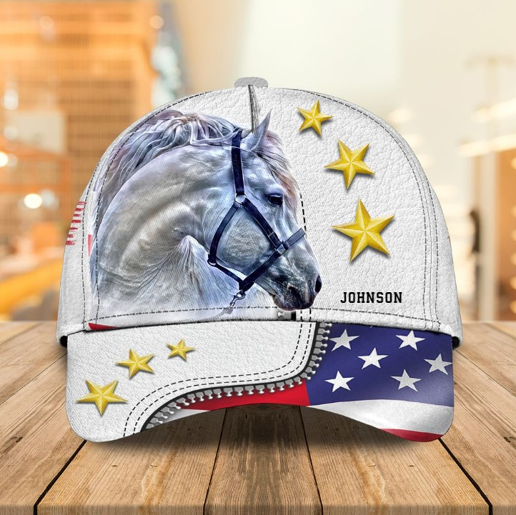 Personalized 4th of July Horse Cap for Him, American Flag Jean Pattern Horse Hat for Her Trucker Hats Custom Hats Gifts For Men & Women