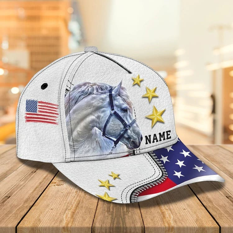 Personalized 4th of July Horse Cap for Him, American Flag Jean Pattern Horse Hat for Her Trucker Hats Custom Hats Gifts For Men & Women