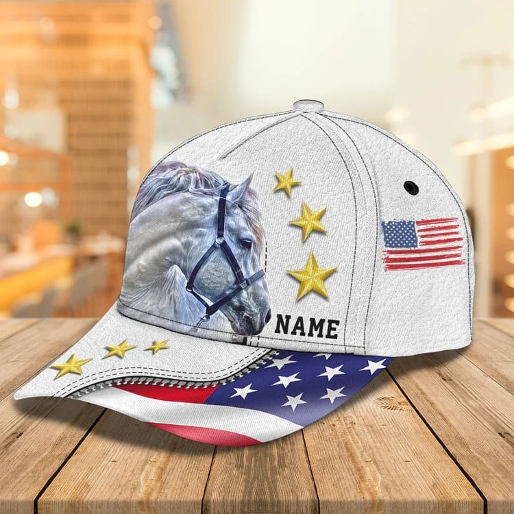 Personalized 4th of July Horse Cap for Him, American Flag Jean Pattern Horse Hat for Her Trucker Hats Custom Hats Gifts For Men & Women
