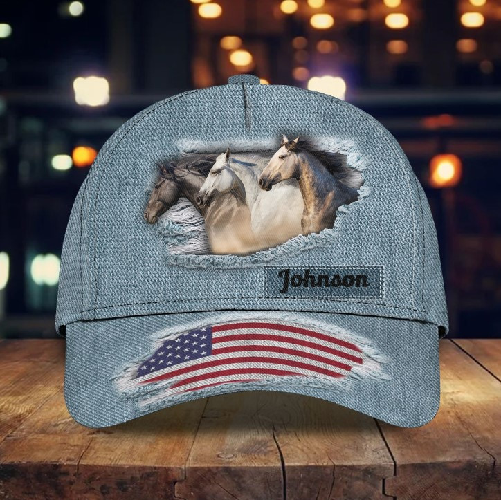 Personalized 4th of July Horse Cap for Him, American Flag Jean Pattern Horse Hat for Her Trucker Hats Custom Hats Gifts For Men & Women