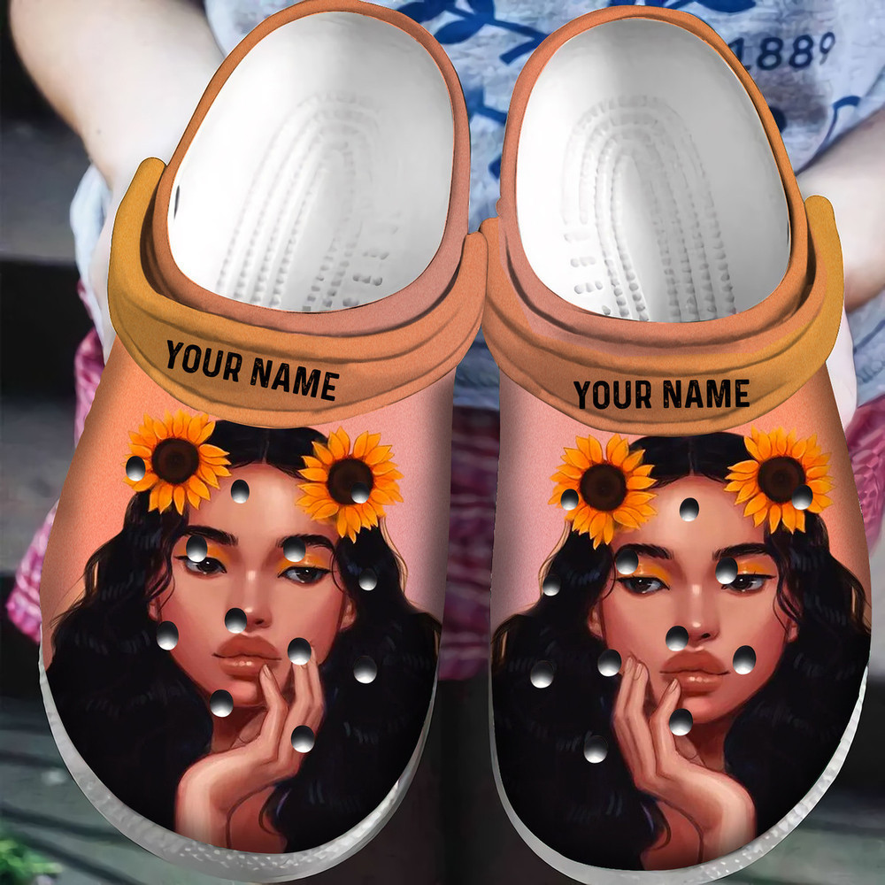 Personalized Afro Black Girl Sunflower African American Classic Clogs Shoes