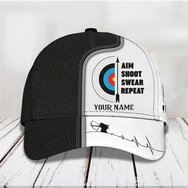 Personalized Aim Shoot Swear Repeat 3D Classic Cap for Archer, Funny Archery hat for Man Trucker Hats Custom Hats Gifts For Men & Women